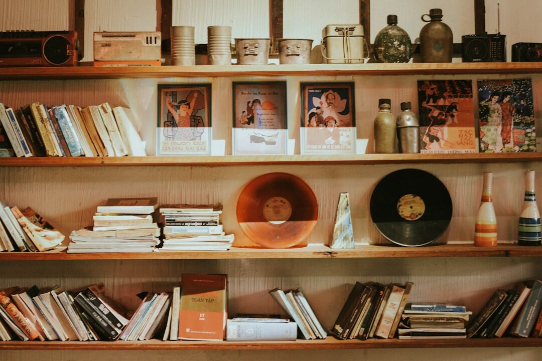 bookshelf with magazines